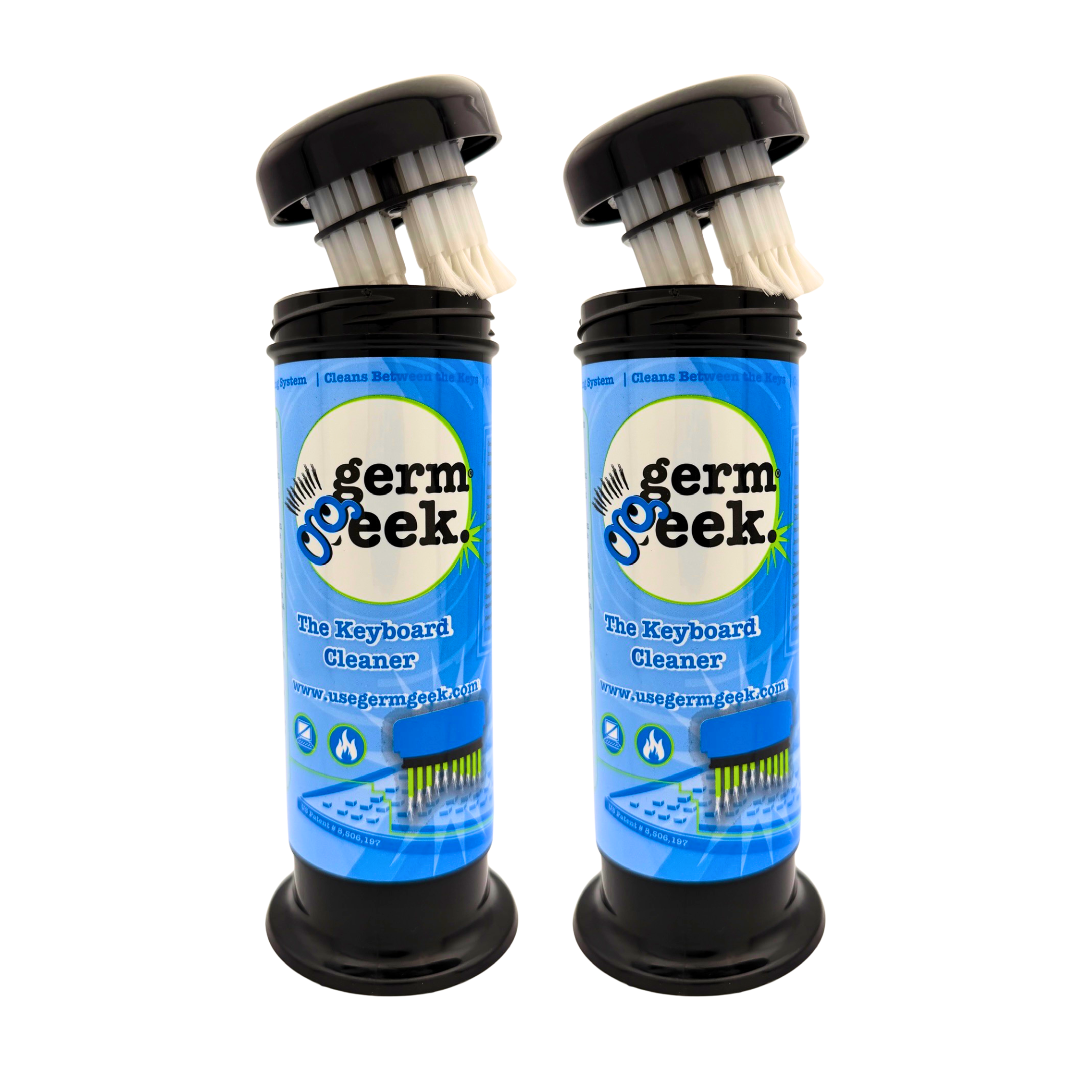 Germ Geek Keyboard Cleaning Kit with two packs, including brushes and cleaning solution, for thorough keyboard maintenance.