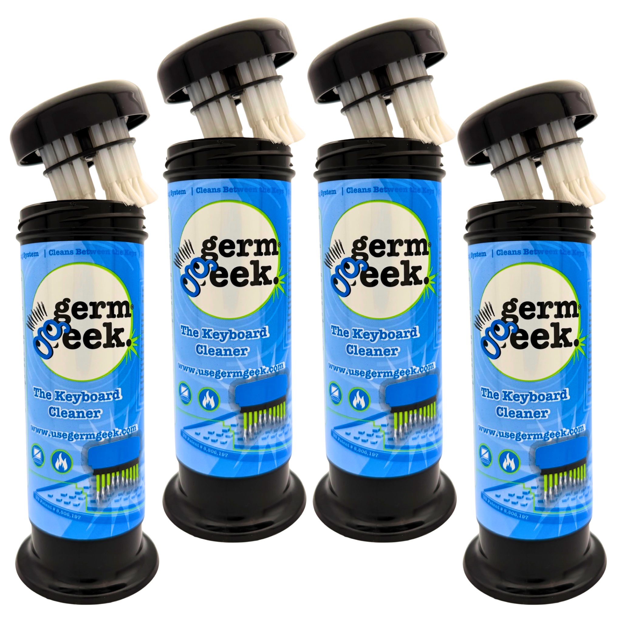 Germ Geek keyboard cleaning kit with four cleaning tools and brushes for maintaining computer and gaming keyboards.