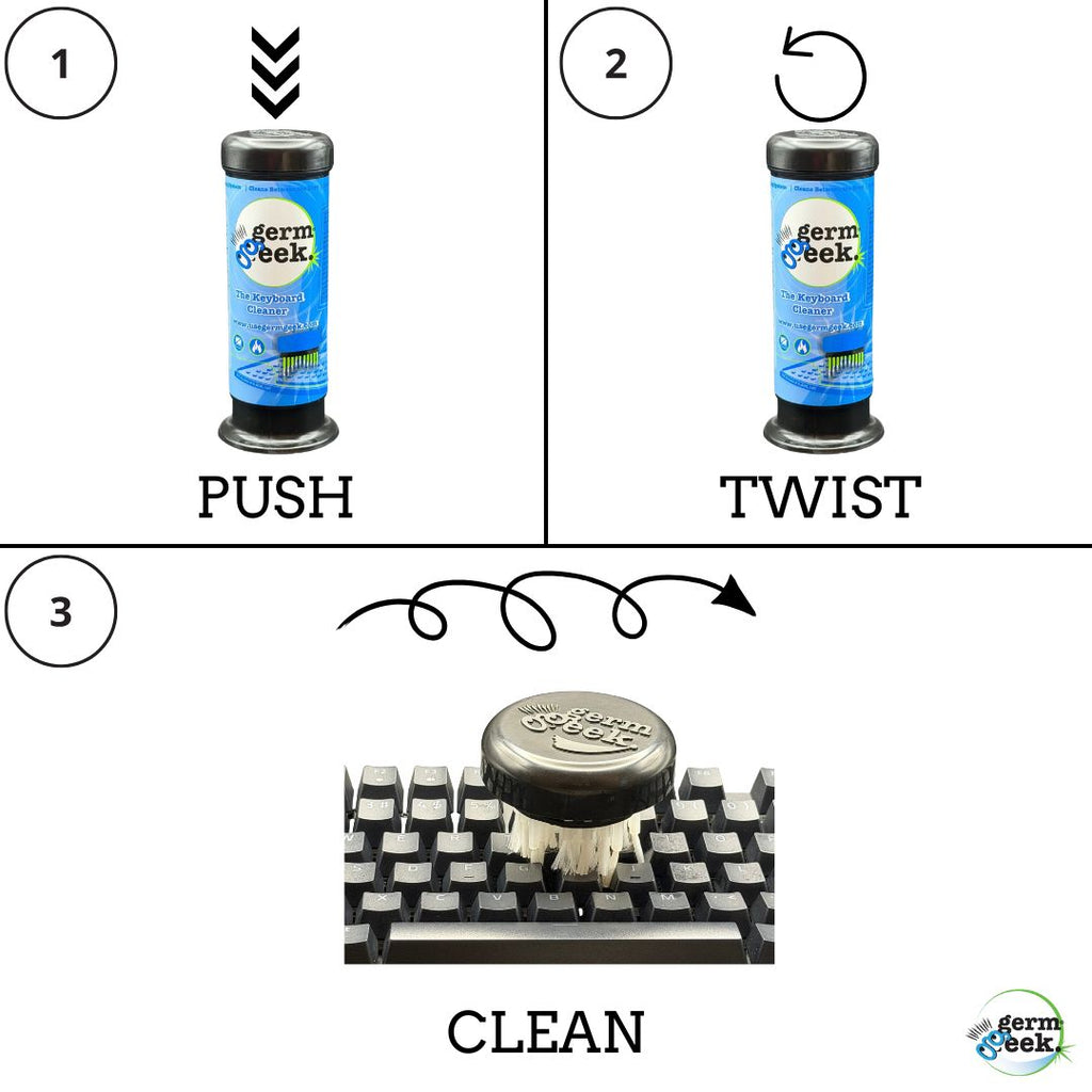 Germ Geek keyboard cleaning kit with brushes and cleaning solution, showing how to use the two-pack for keyboard hygiene.